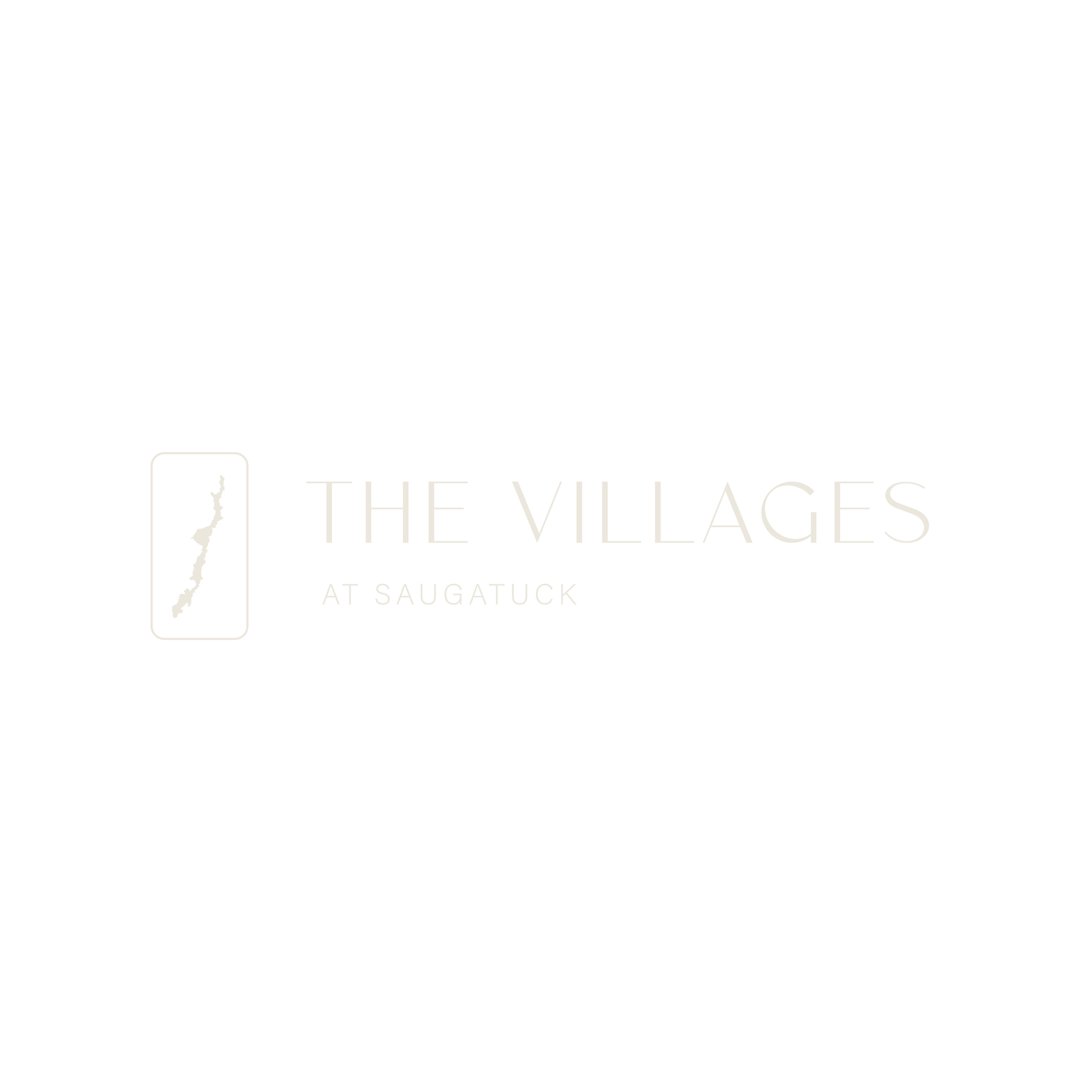 A logo with a white outline of a map of New Zealand and the words "The Villages at Saugatuck" in white text on a black background.